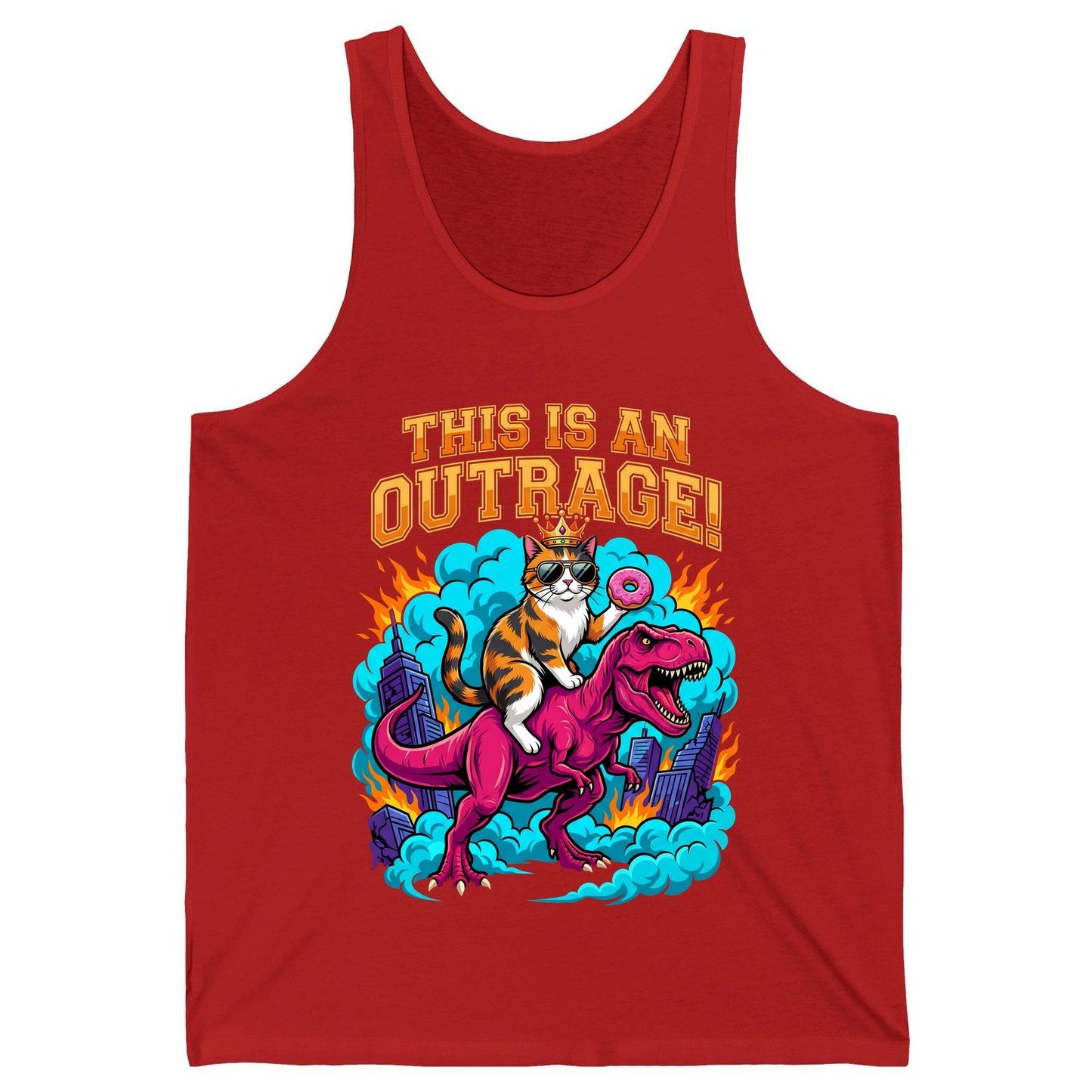 THIS IS AN OUTRAGE! Cat riding a T-Rex Tank Top Red product mockup