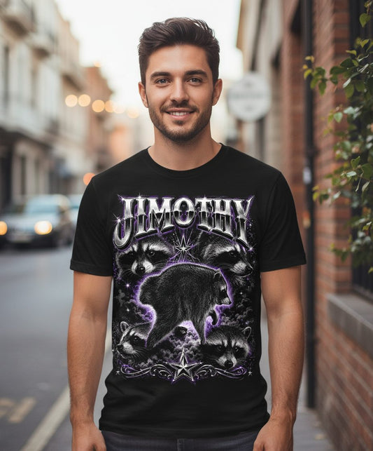 Jimothy Funny Raccoon T-Shirt - lifestyle model mockup - Black