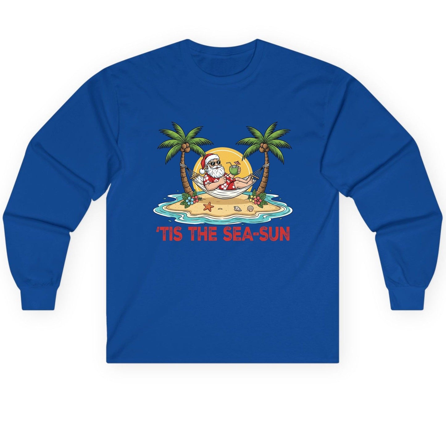 'Tis the Sea-Sun santa claus on a tropical vacation Long Sleeve Tee Royal product mockup