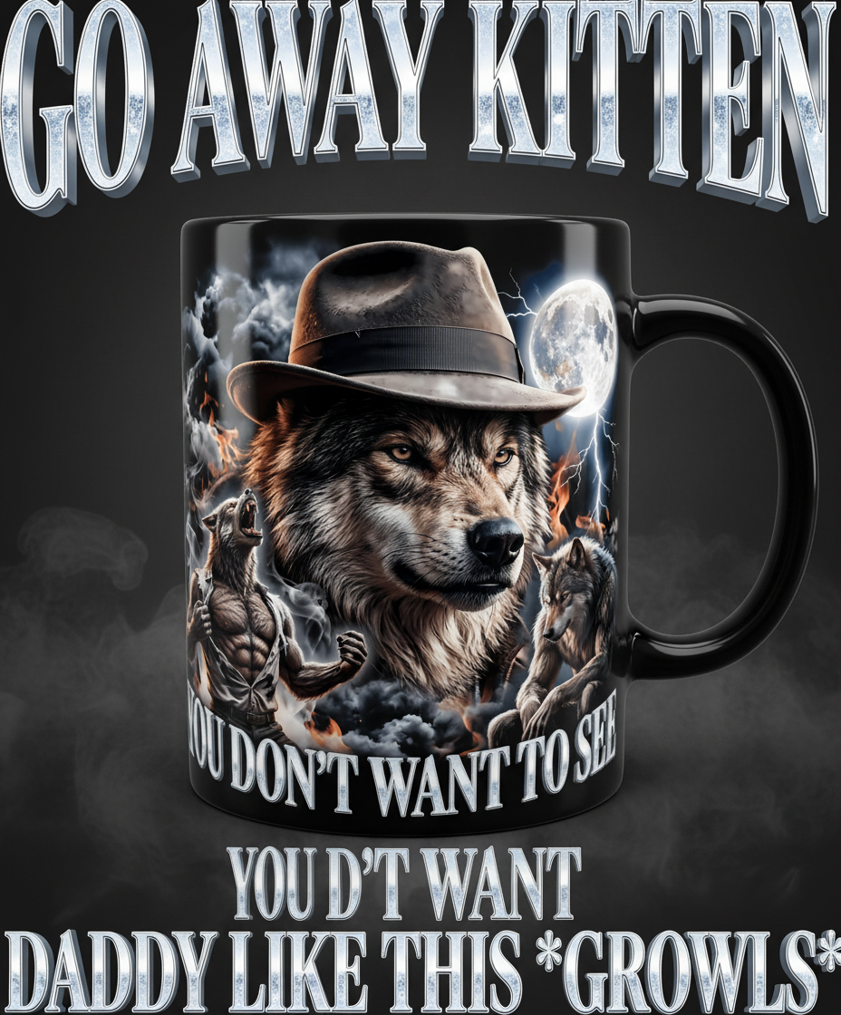 Go Away Kitten Daddy Wolf Growls Meme Black Mug - Black