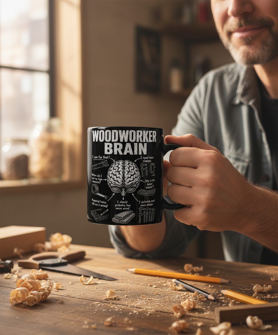 Woodworker Brain Funny Woodworking Black Mug - lifestyle model mockup - Black