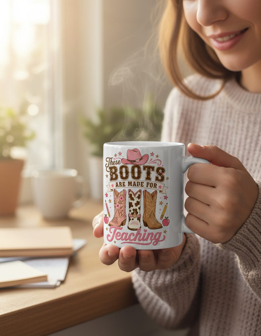 These Boots Are Made for Teaching Teacher White Mug - lifestyle model mockup - White