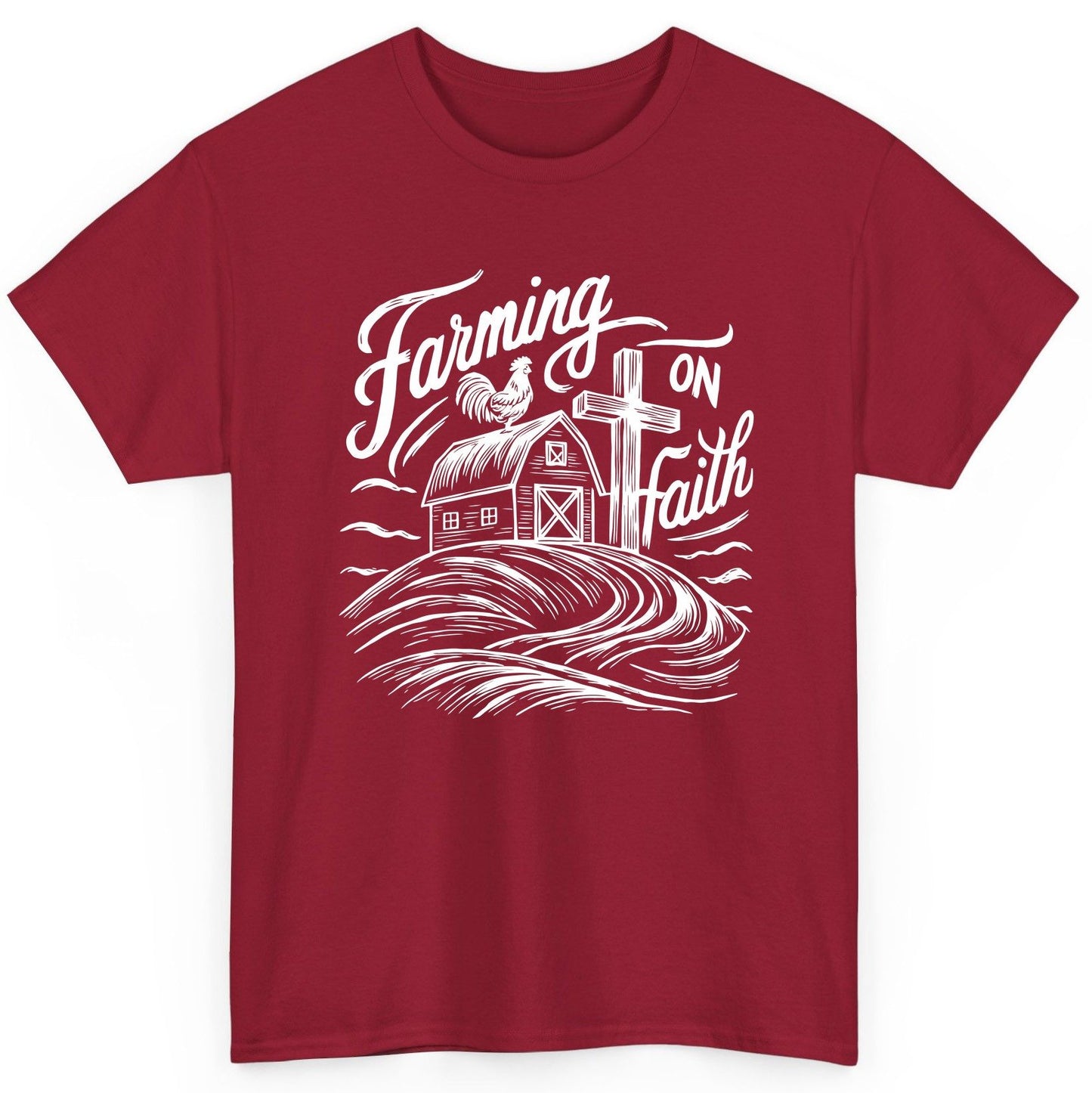 Farming on Faith christian farming T-Shirt Cardinal Red product mockup