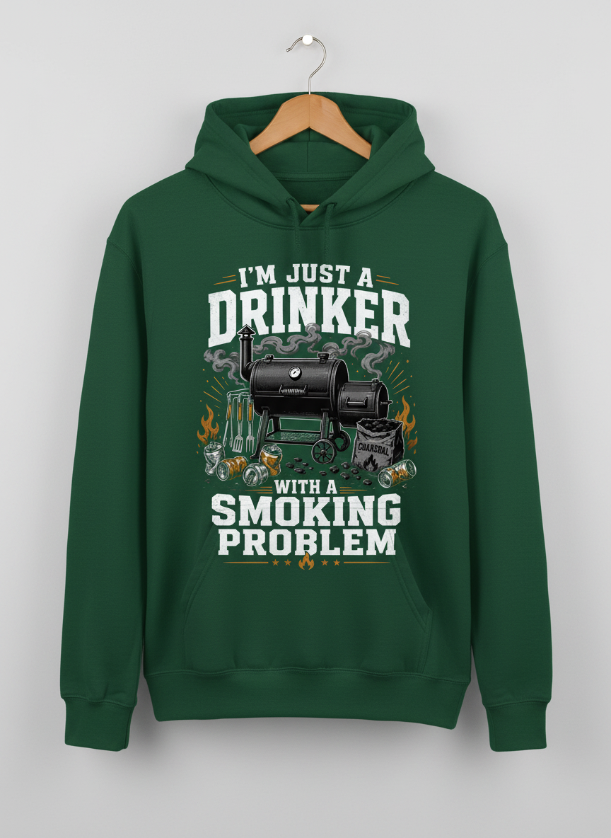 I'M JUST A DRINKER WITH A SMOKING PROBLEM Funny Drinker With A Smoking Problem BBQ Hoodie - product mockup - Forest Green