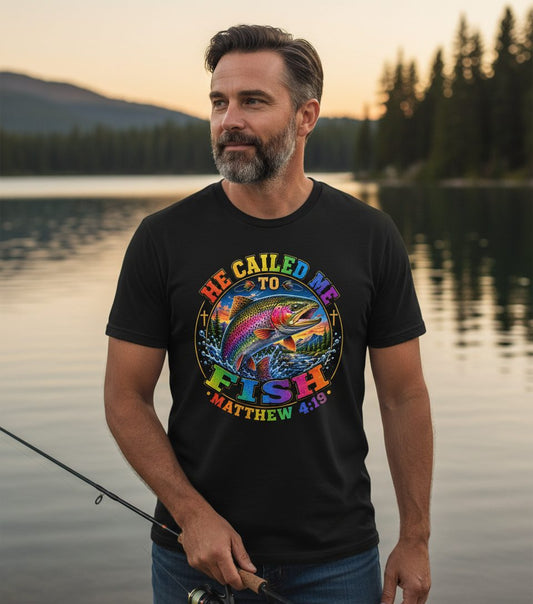 HE CALLED ME TO FISH Matthew 4 19 Christian Fishing T-Shirt - lifestyle model mockup - Black
