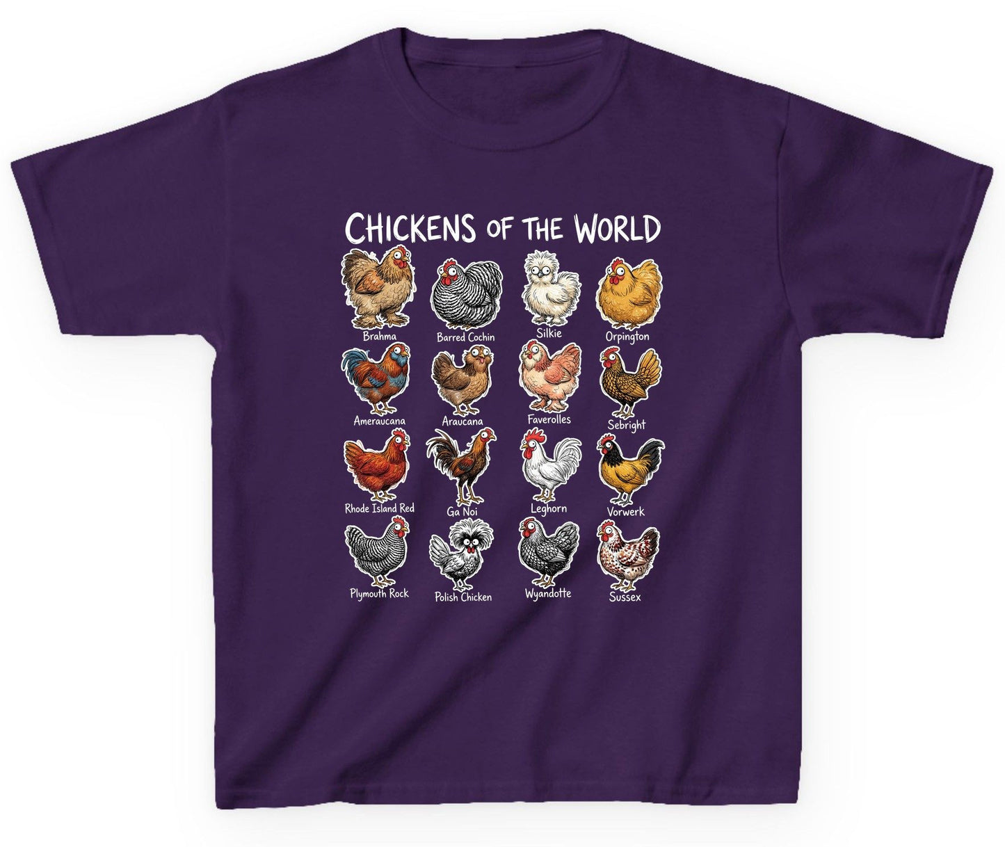 Chickens of the World chicken breeds Youth T-Shirt Purple product mockup