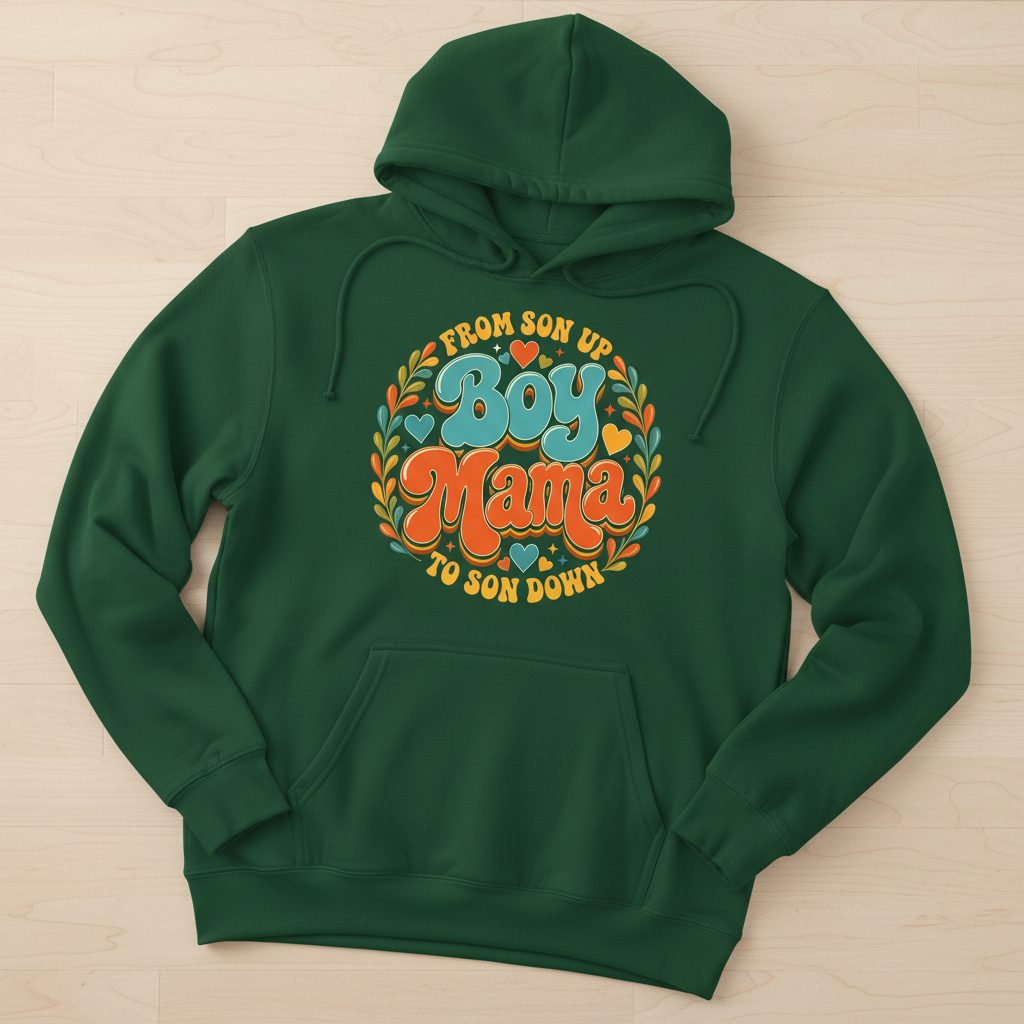 From Son Up to Son Down Boy Mama Retro Mothers of Sons Hoodie - product mockup - Forest Green