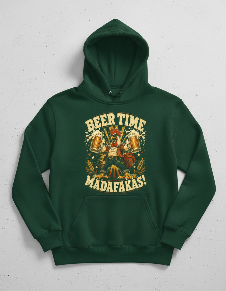Beer Time Madafakas Funny Rooster Hoodie - product mockup - Forest Green