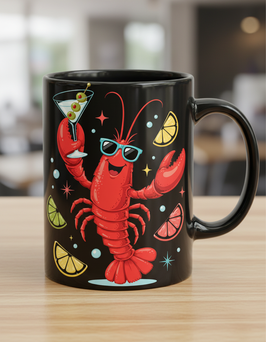 Party Lobster with Martini and Sunglasses Black Mug - Black