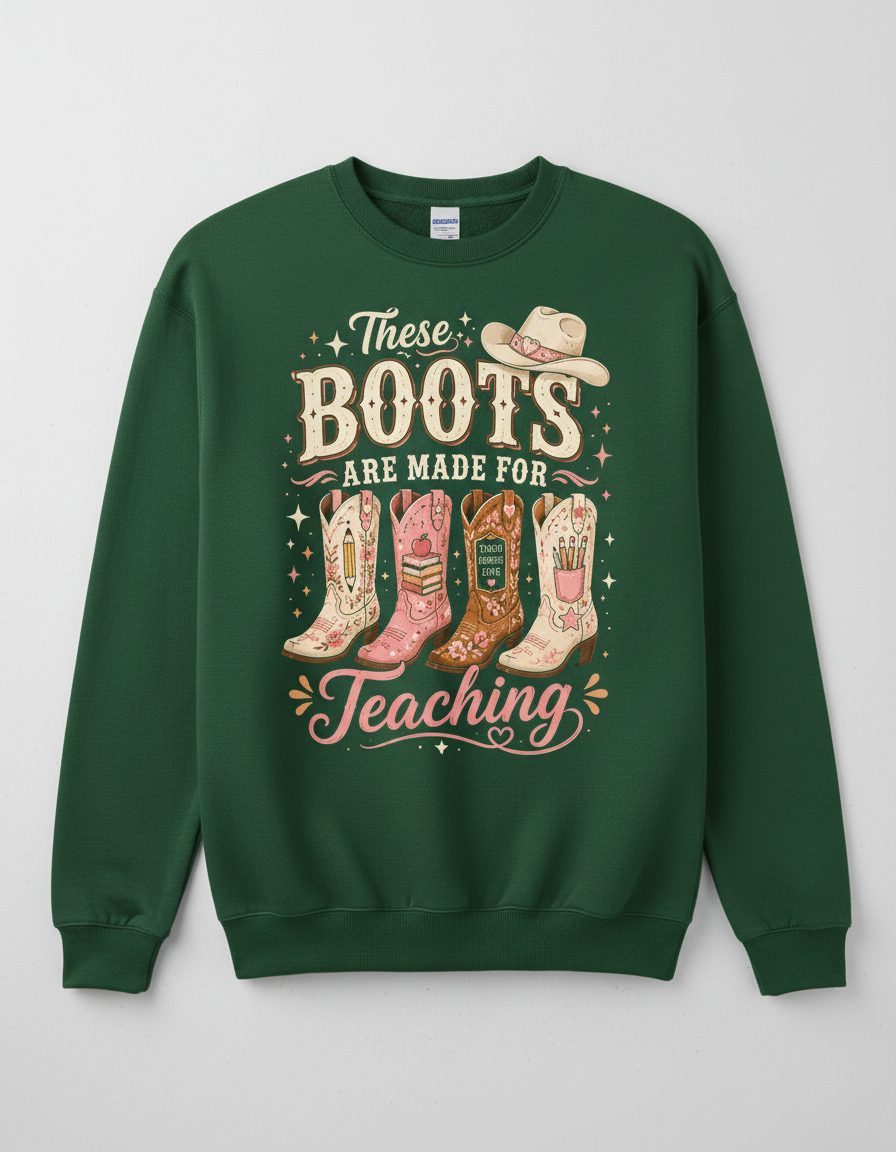 These Boots Are Made for Teaching Teacher Sweatshirt - product mockup - Forest Green