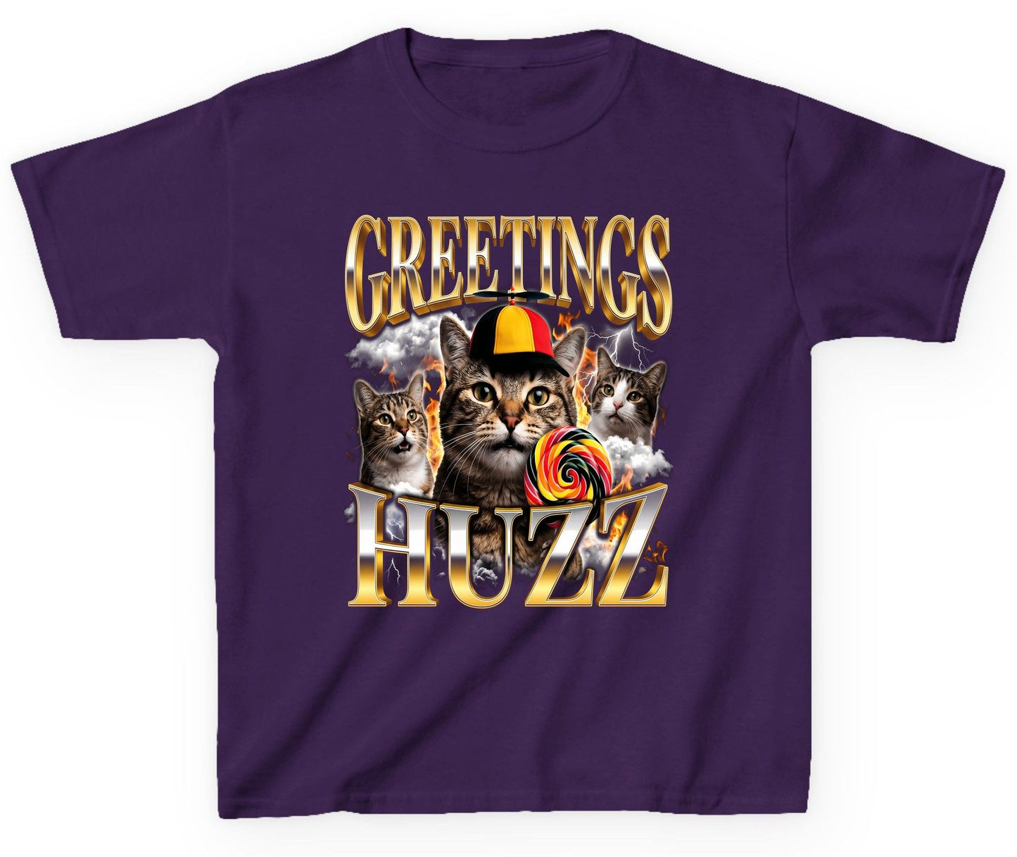 Greetings HUZZ Funny Cats Youth T-Shirt - product mockup - Purple