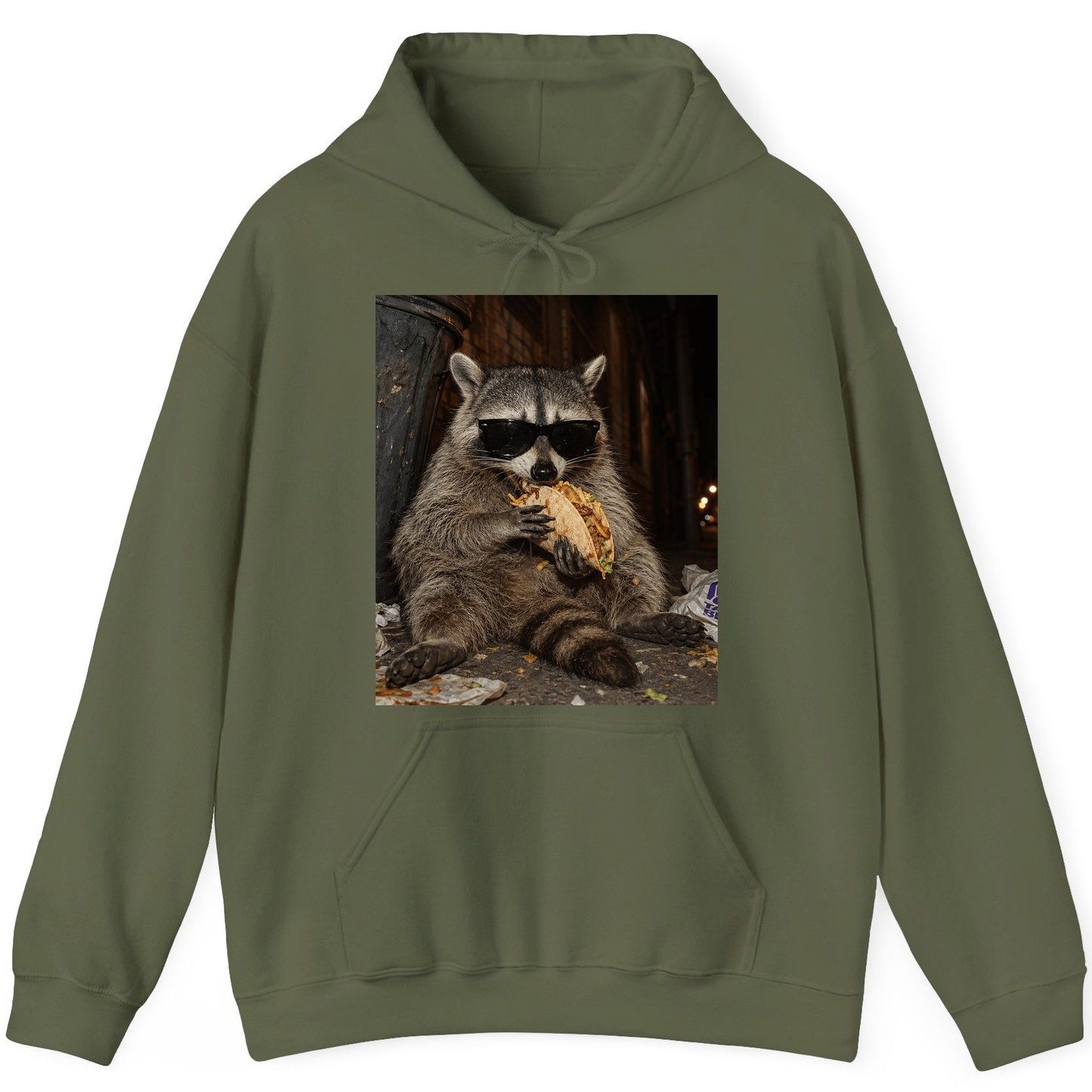 Raccoon Eating Taco Funny Animal Lovers Hoodie - product mockup - Military Green
