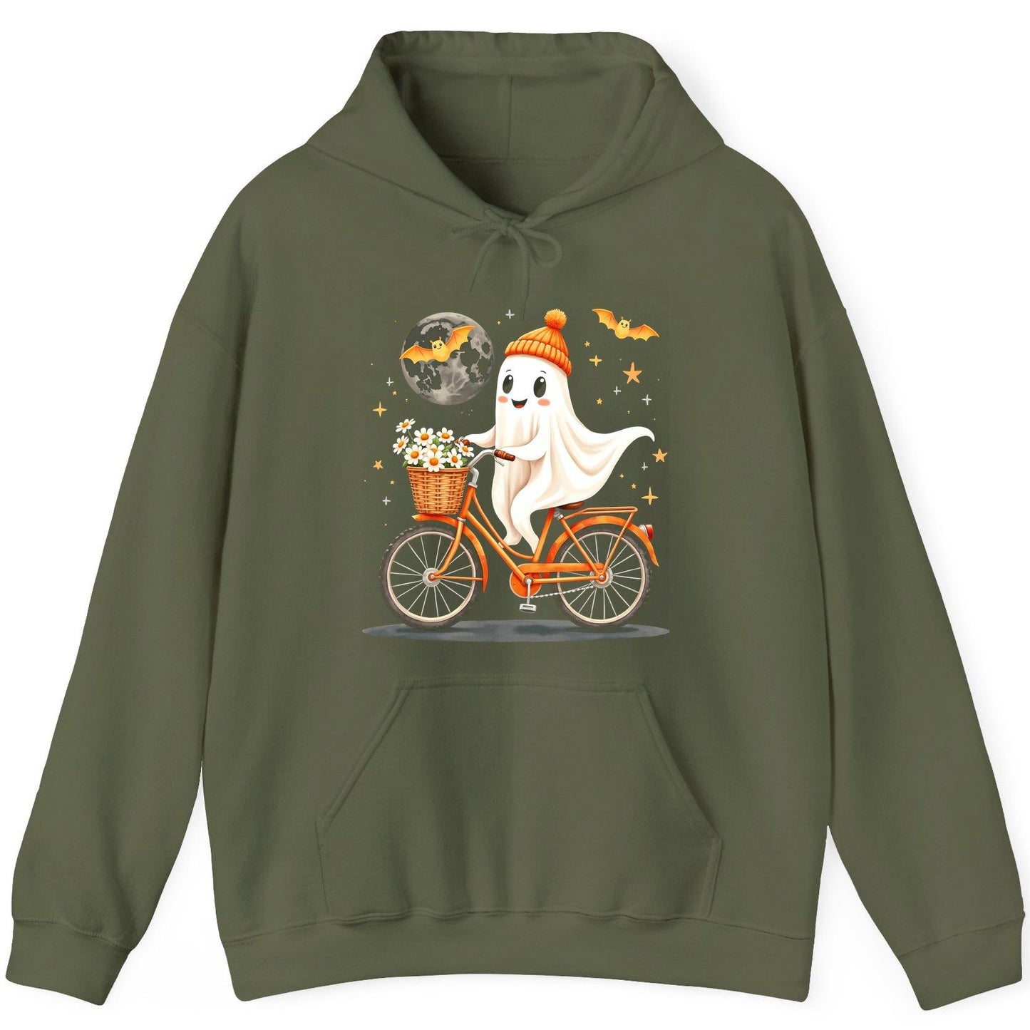 Cute Ghost on Bicycle cute ghost Hoodie Military Green product mockup