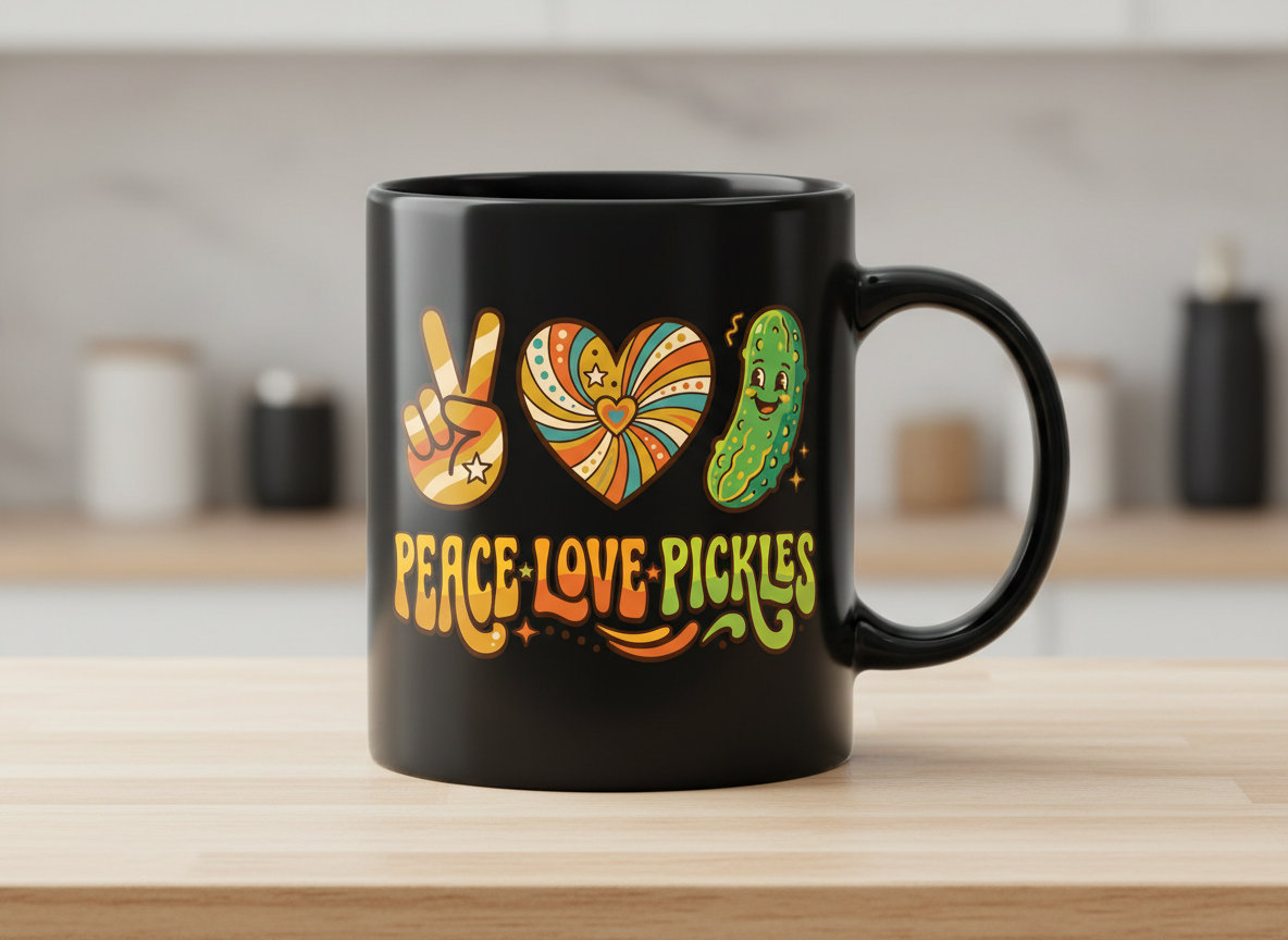 Peace Love Pickles Retro 70s Hippie Design Black Mug - Black