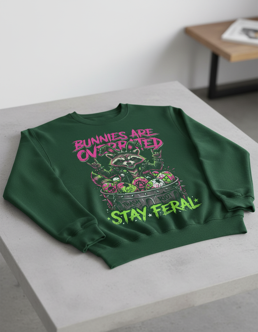 Punk Rock Raccoon Bunnies Are Overrated Sweatshirt - Forest Green
