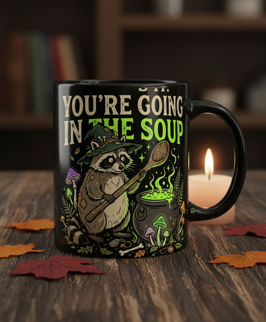 That's It You're Going In The Soup Raccoon Witch Black Mug - Black