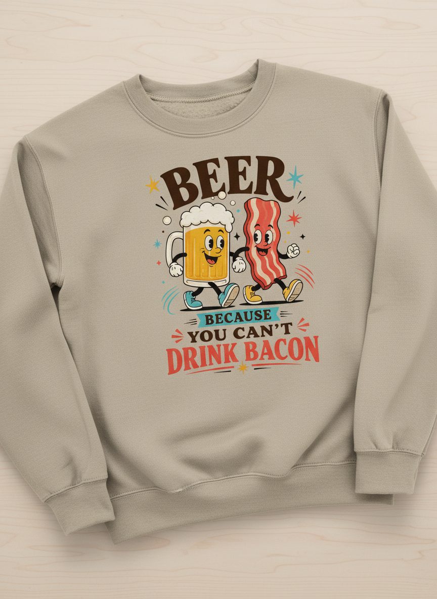 You Can't Drink Bacon Beer and Funny Lovers Sweatshirt - product mockup - Sand