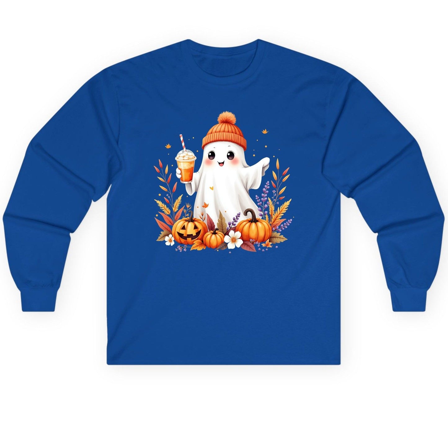 Cute Ghost Pumpkin Spice Latte cute Halloween ghost Long Sleeve Tee Royal product mockup