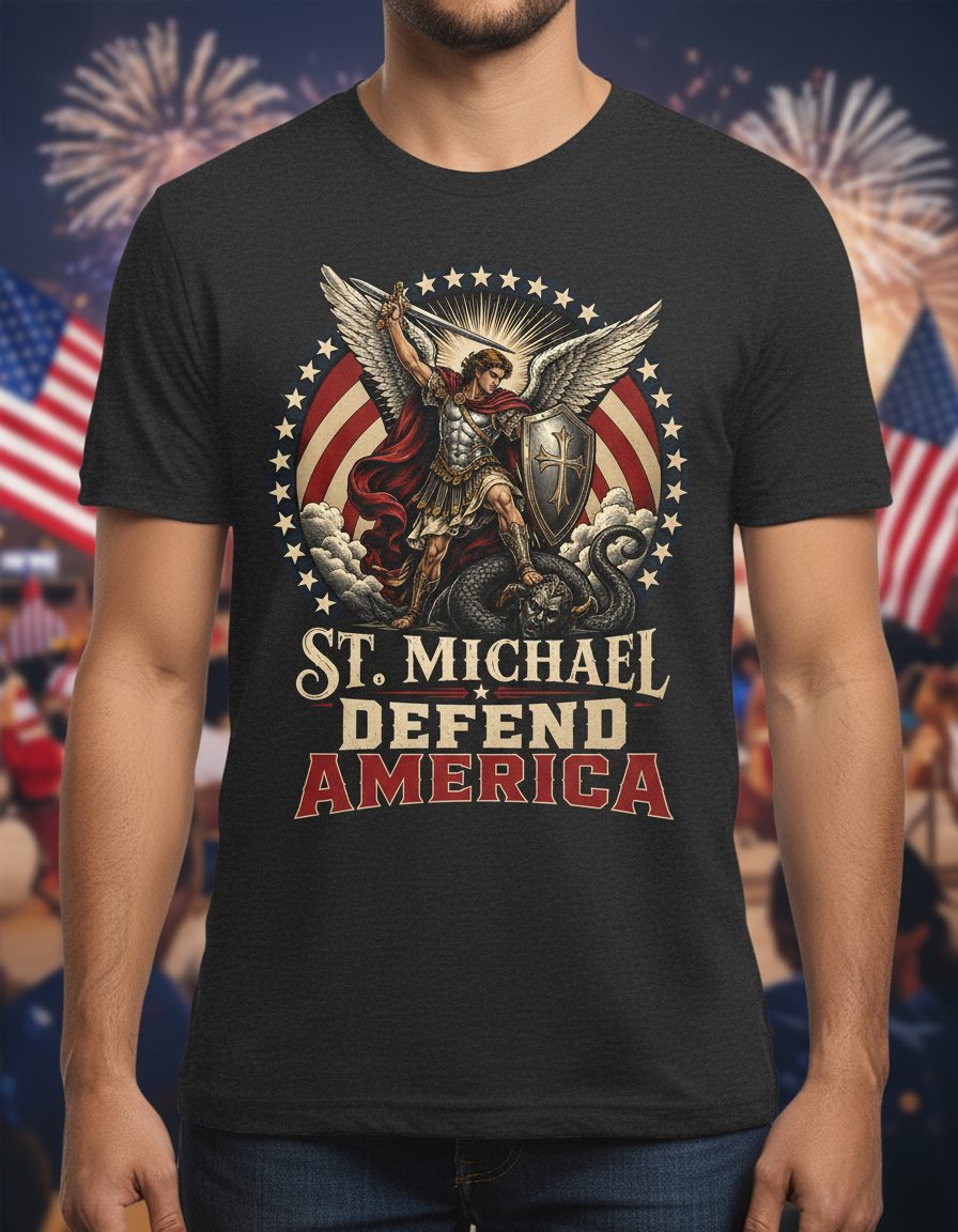 St Michael Defend America Patriotic Christian T-Shirt - product mockup - Dark Heather