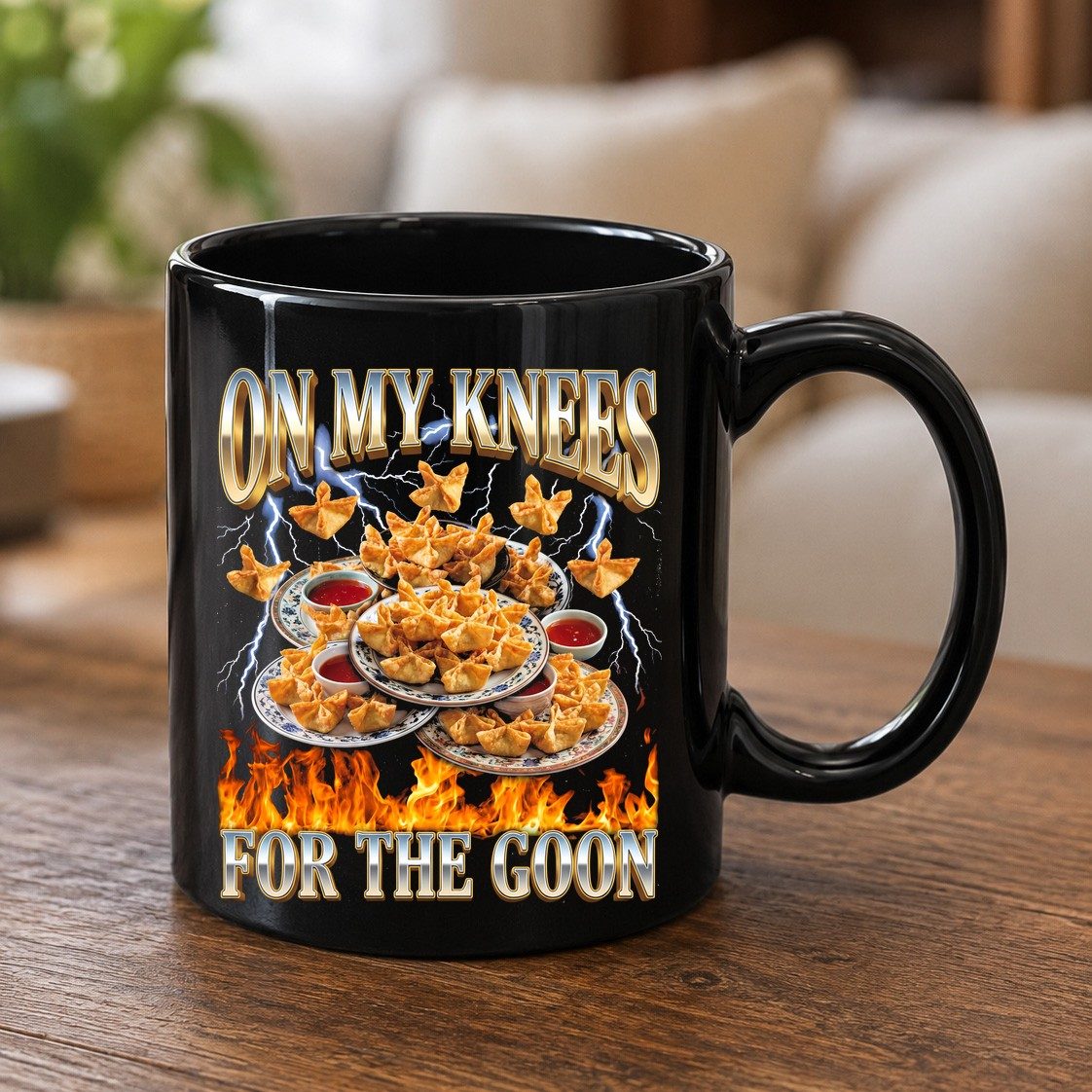 On My Knees for the Goon crab rangoon Black Mug Black product mockup