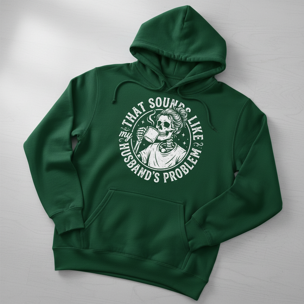 Skeleton Wife Drinking Coffee 'Husband's Problem' Design Hoodie - Forest Green