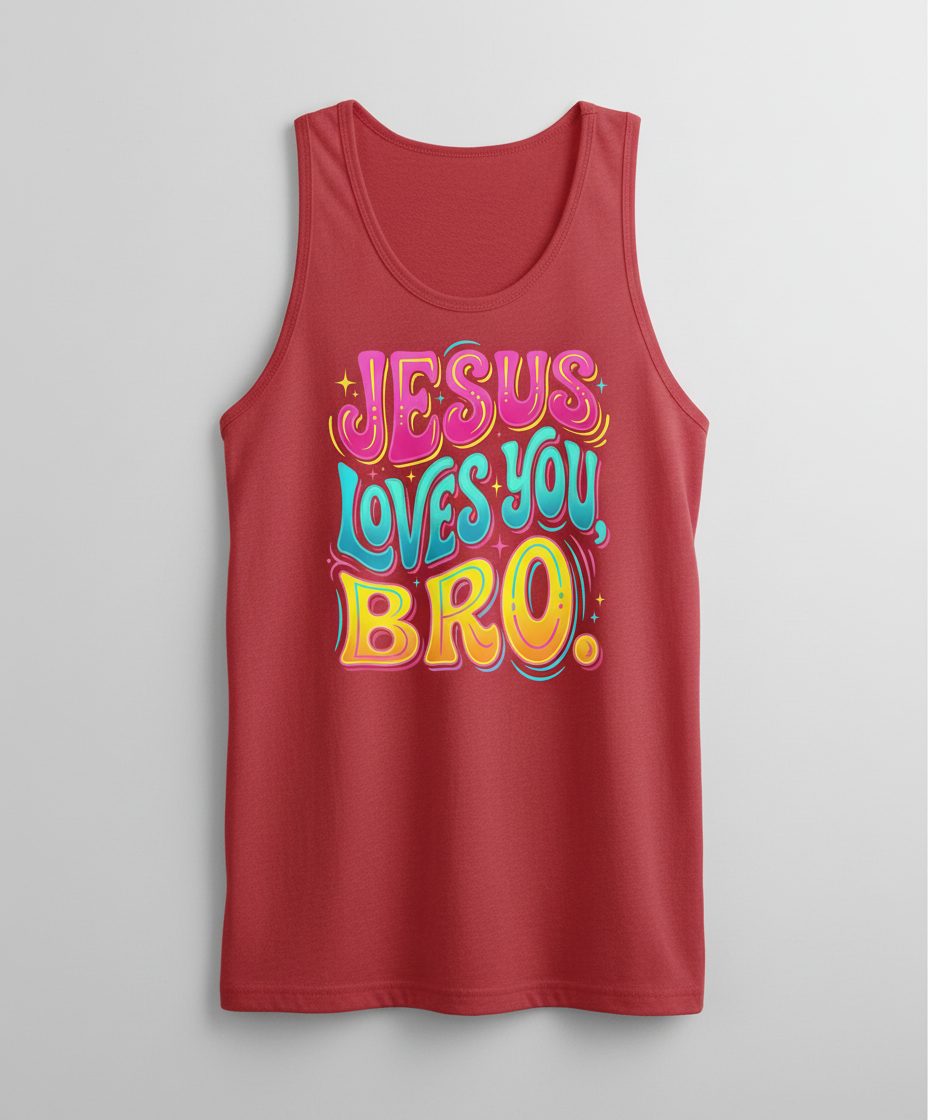 JESUS LOVES YOU BRO Retro Christian Tank Top - product mockup - Red