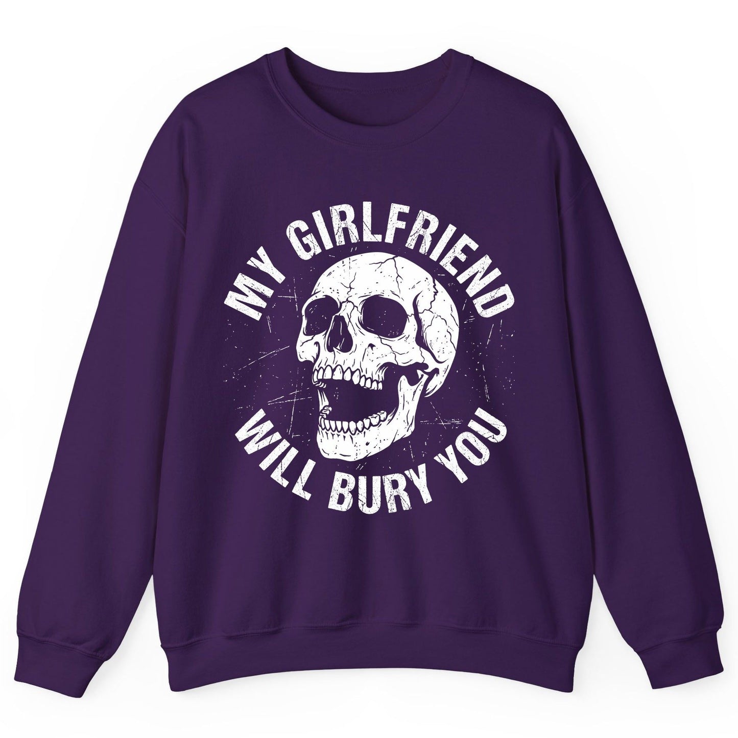 My Girlfriend Will Bury You skull Sweatshirt Purple product mockup