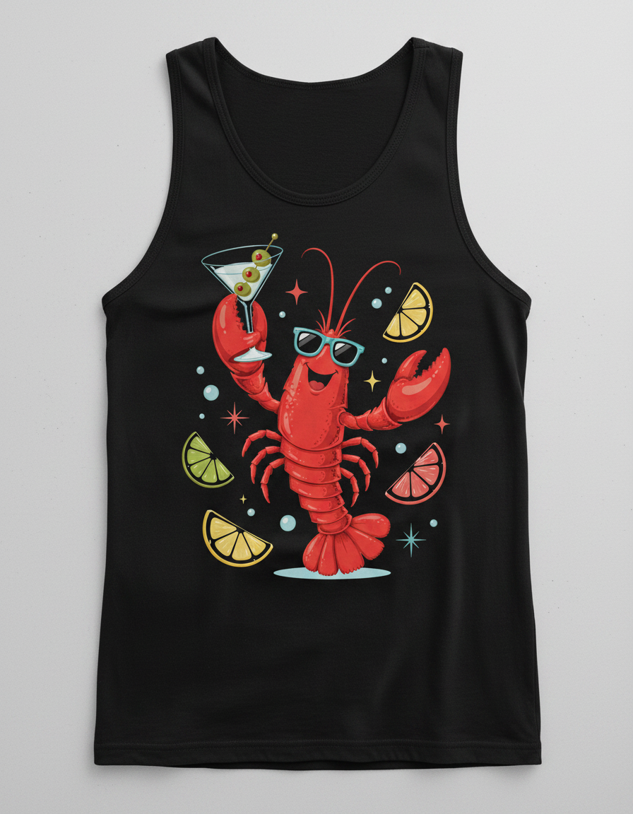 Party Lobster with Martini and Sunglasses Tank Top - Black