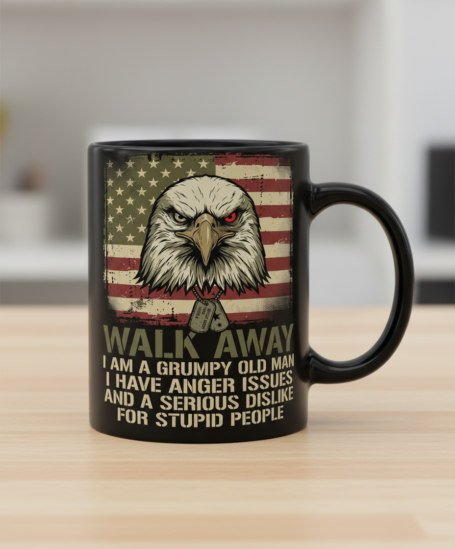 Walk Away I Am A Grumpy Old Man Eagle American Flag Black Mug - Black
