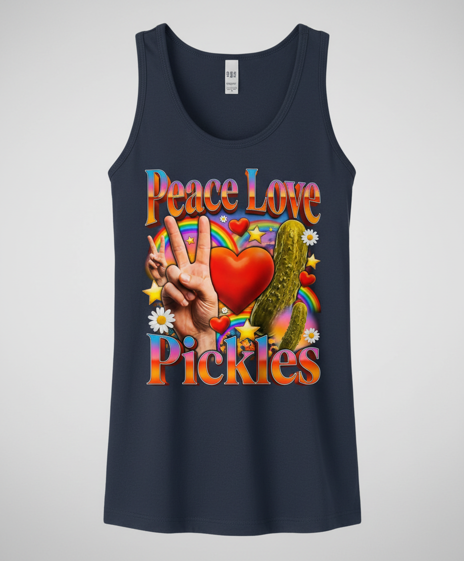 Peace Love Pickles Retro Hippie Design Tank Top - Navy