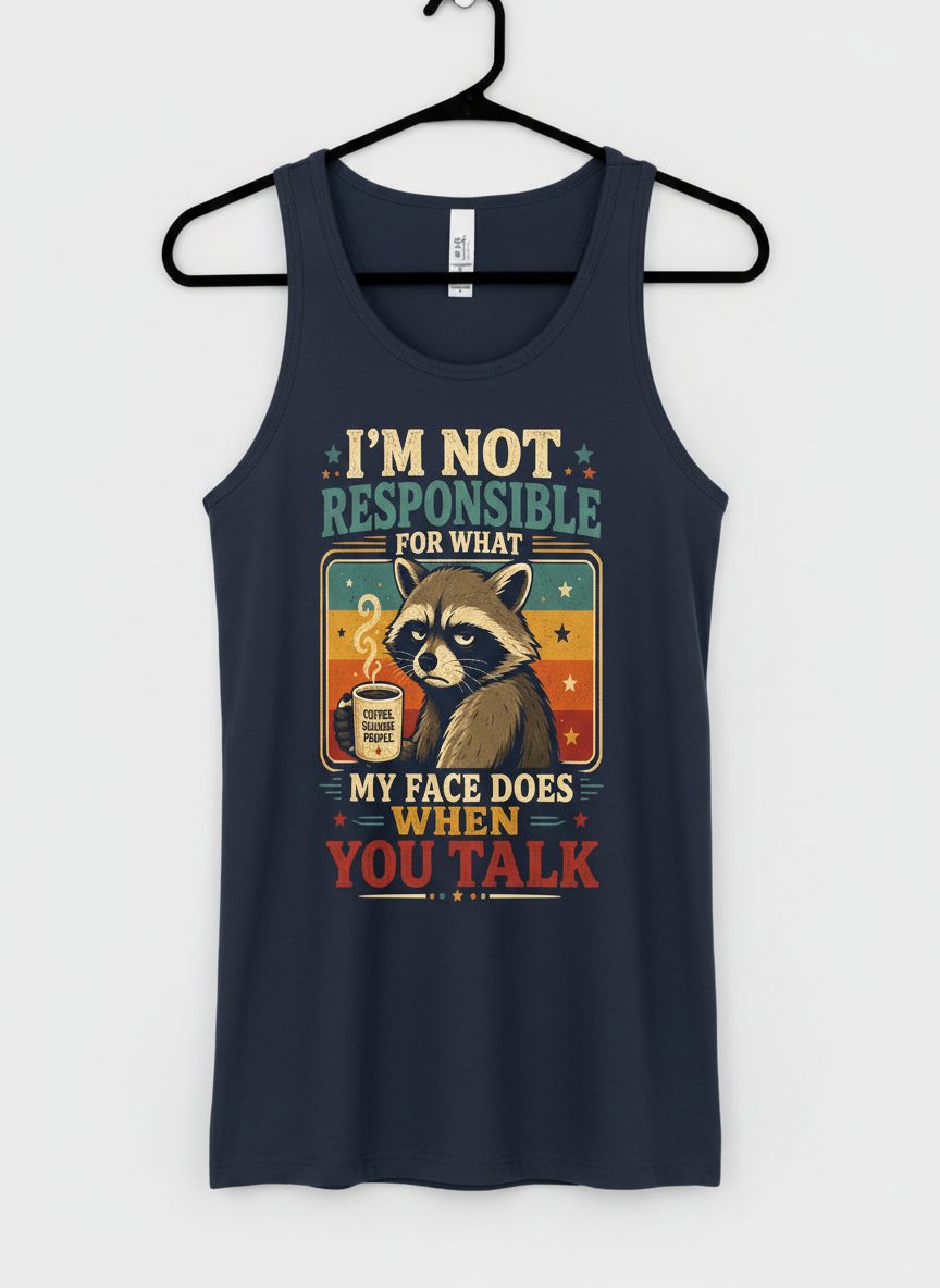 I'm Not Responsible for What My Face Does When You Talk Funny Sarcastic Raccoon Tank Top - product mockup - Navy