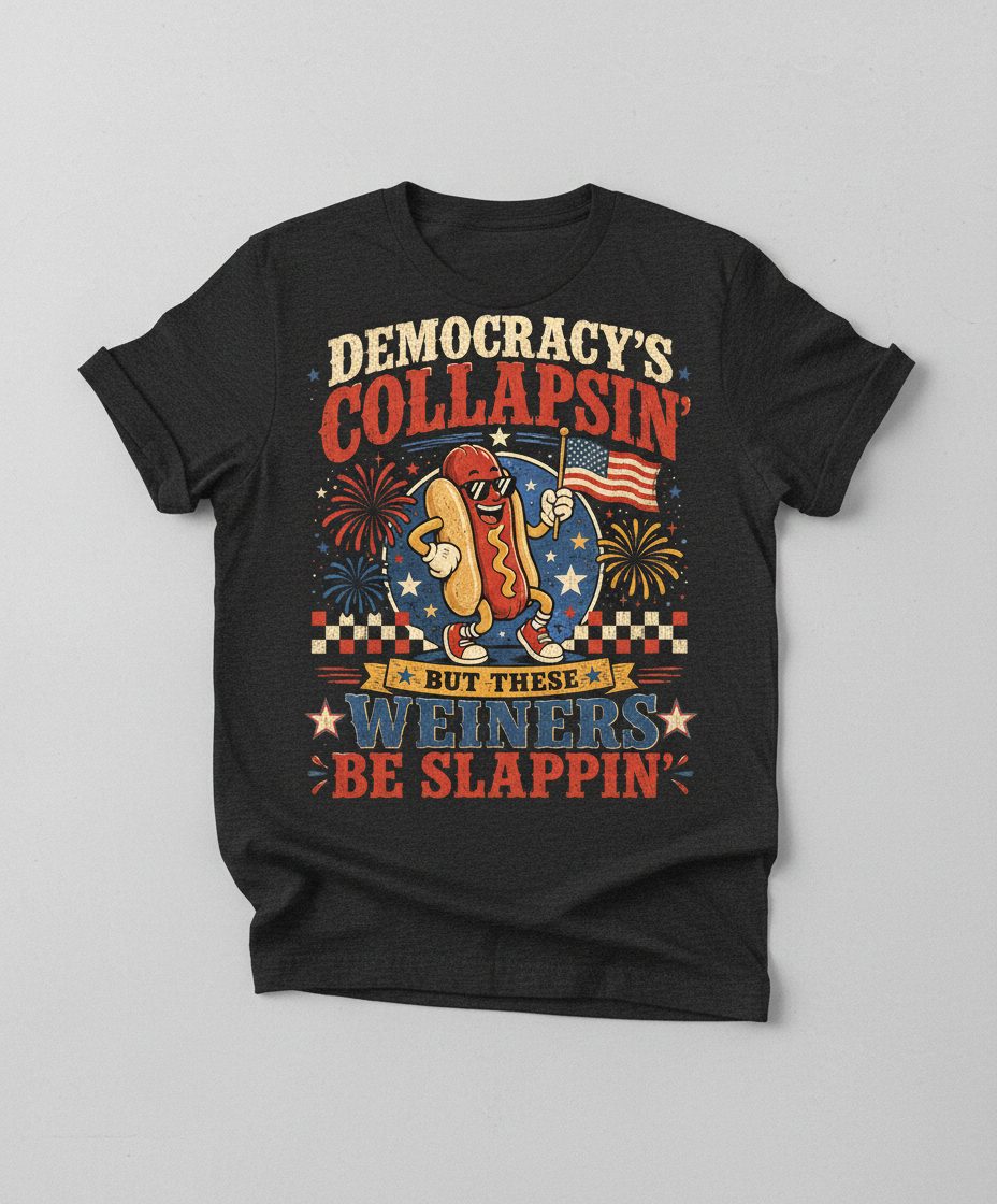 Democracy's Collapsin' but These Weiners Be Slappin' T-Shirt - product mockup - Dark Heather
