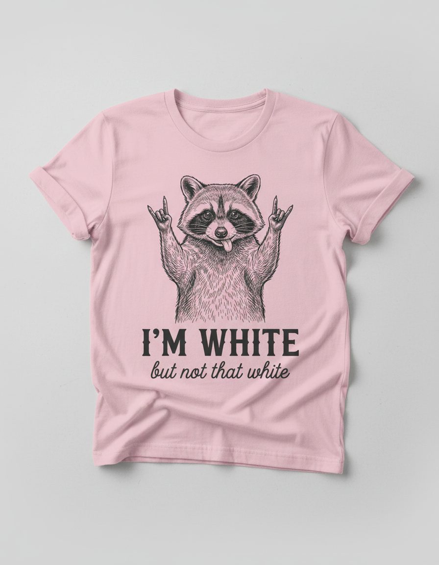 I'M WHITE but Not That White Funny Raccoon T-Shirt - product mockup - Light Pink
