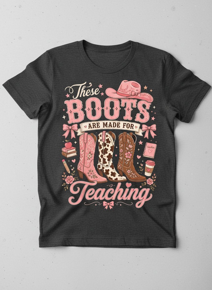 These Boots Are Made for Teaching Teacher T-Shirt - product mockup - Dark Heather