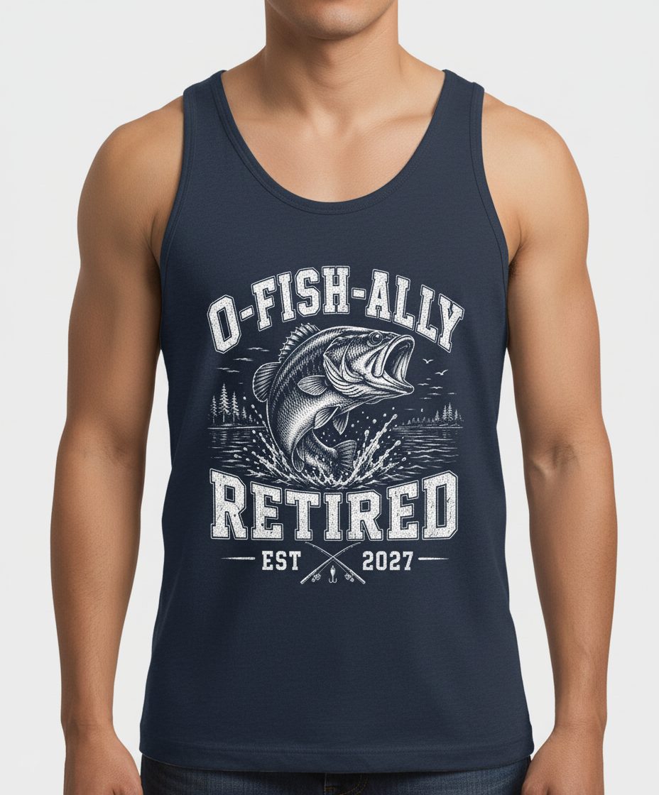 O-Fish-Ally Retired EST 2027 Funny Fishing Tank Top - product mockup - Navy