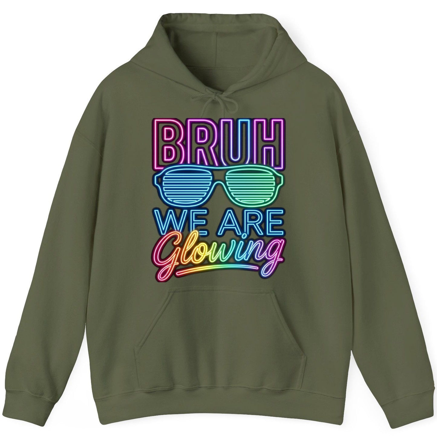 BRUH WE ARE Glowing Neon Party Hoodie Military Green product mockup