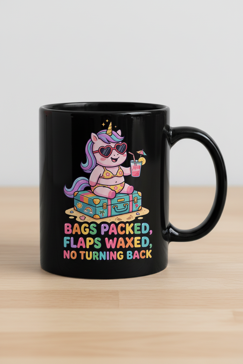 Funny Unicorn Vacation Quote Bags Packed Flaps Waxed Black Mug - Black