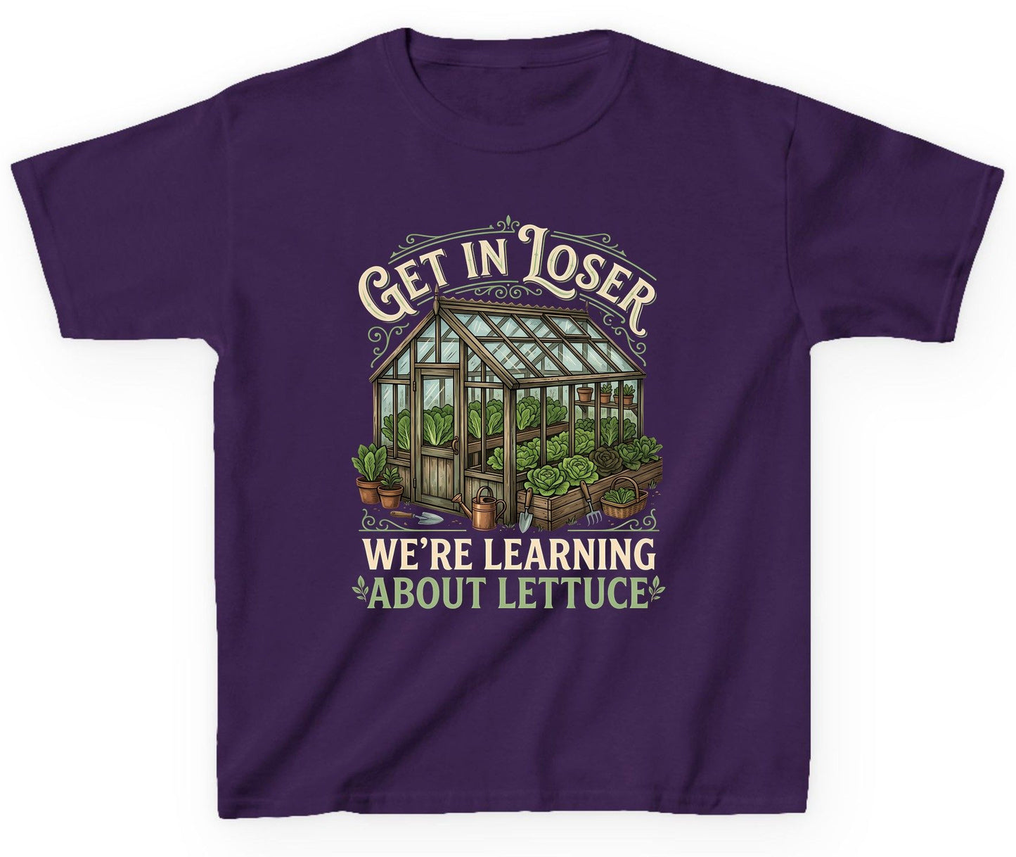 GET IN LOSER WE'RE Learning ABOUT Lettuce Youth T-Shirt - product mockup - Purple