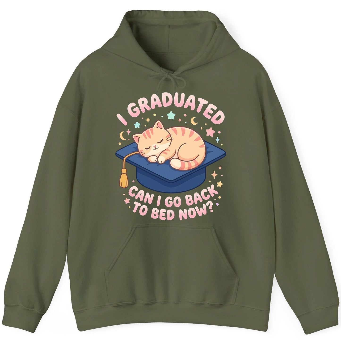 I Graduated CAN I GO BACK TO BED NOW Funny Graduation Cat Hoodie - product mockup - Military Green