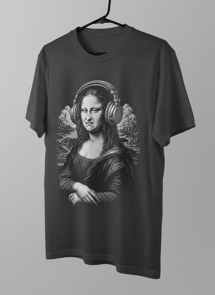 Disgusted Mona Lisa Headphones Funny Art Parody T-Shirt - product mockup - Dark Heather