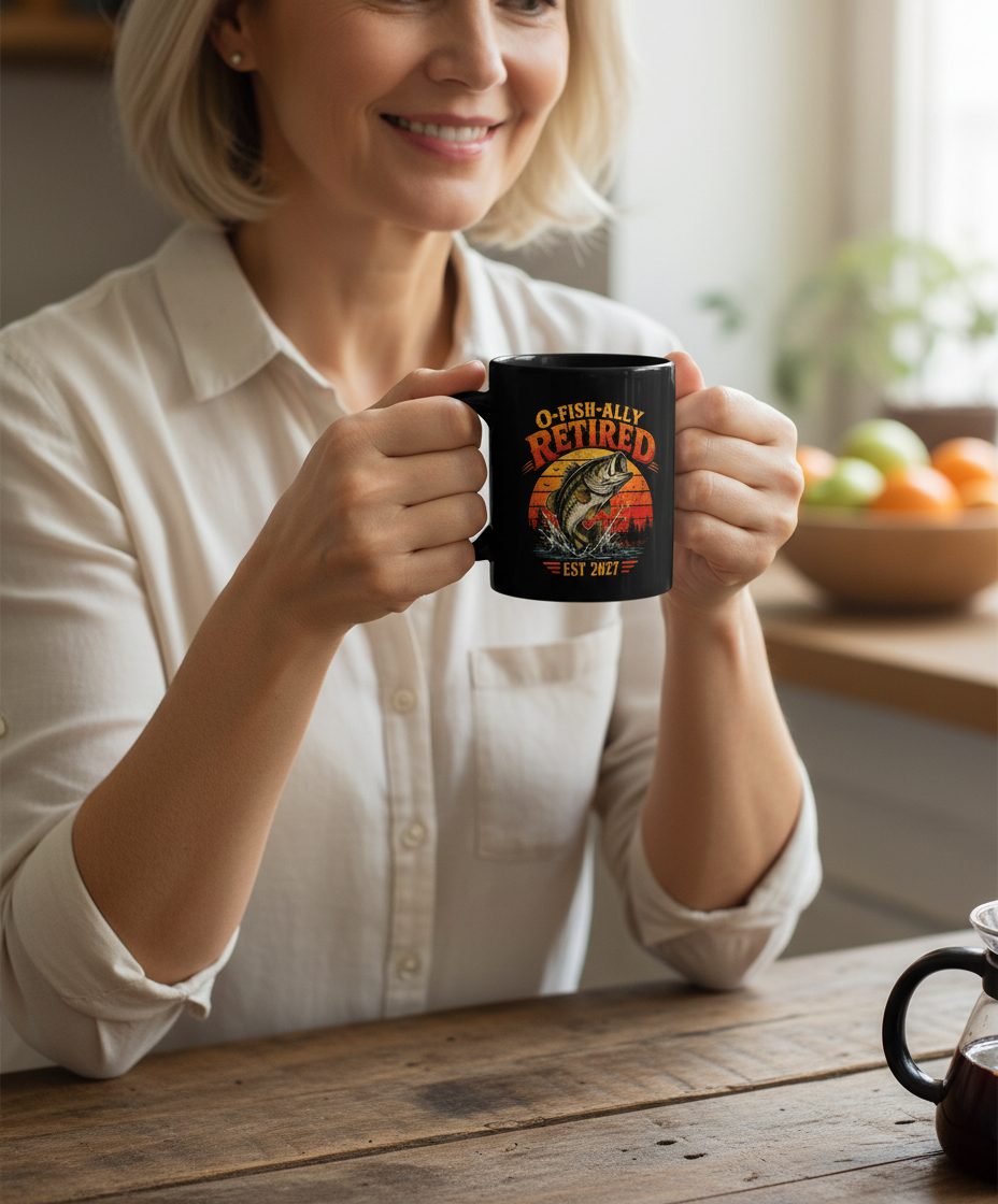 O-Fish-Ally Retired EST 2027 Funny Fishing Black Mug - lifestyle model mockup - Black