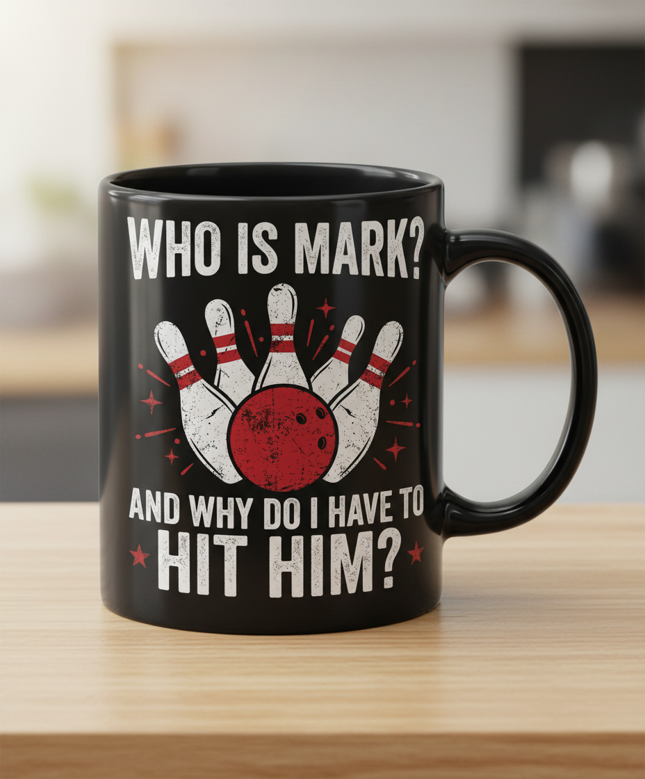 Funny Bowling Pun Who Is Mark? Design Black Mug - Black