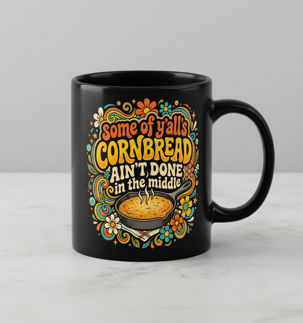Funny Southern Saying 'Cornbread Ain't Done' Retro 70s Design Black Mug - Black
