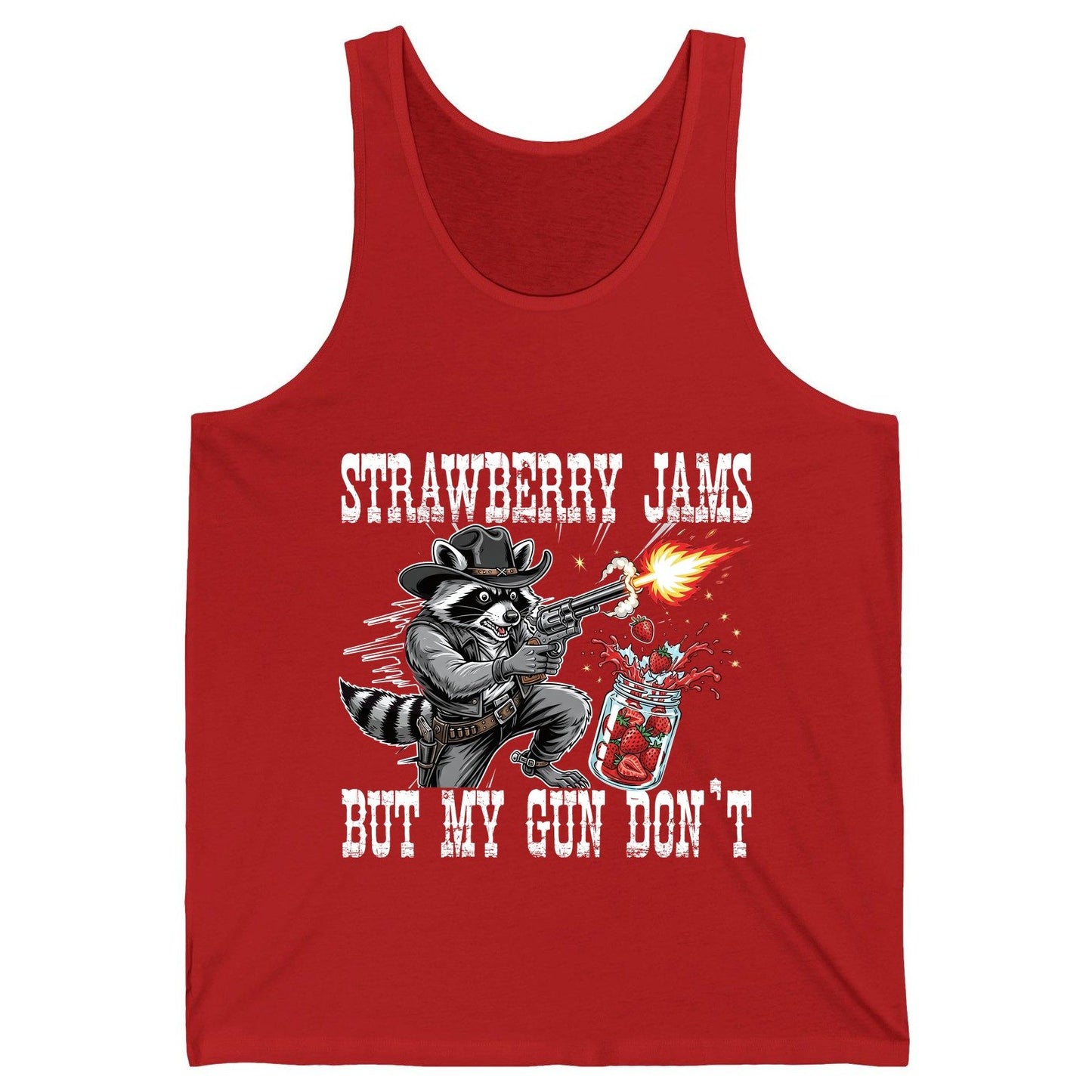 Strawberry Jams but My Gun Don't raccoon Tank Top Red product mockup
