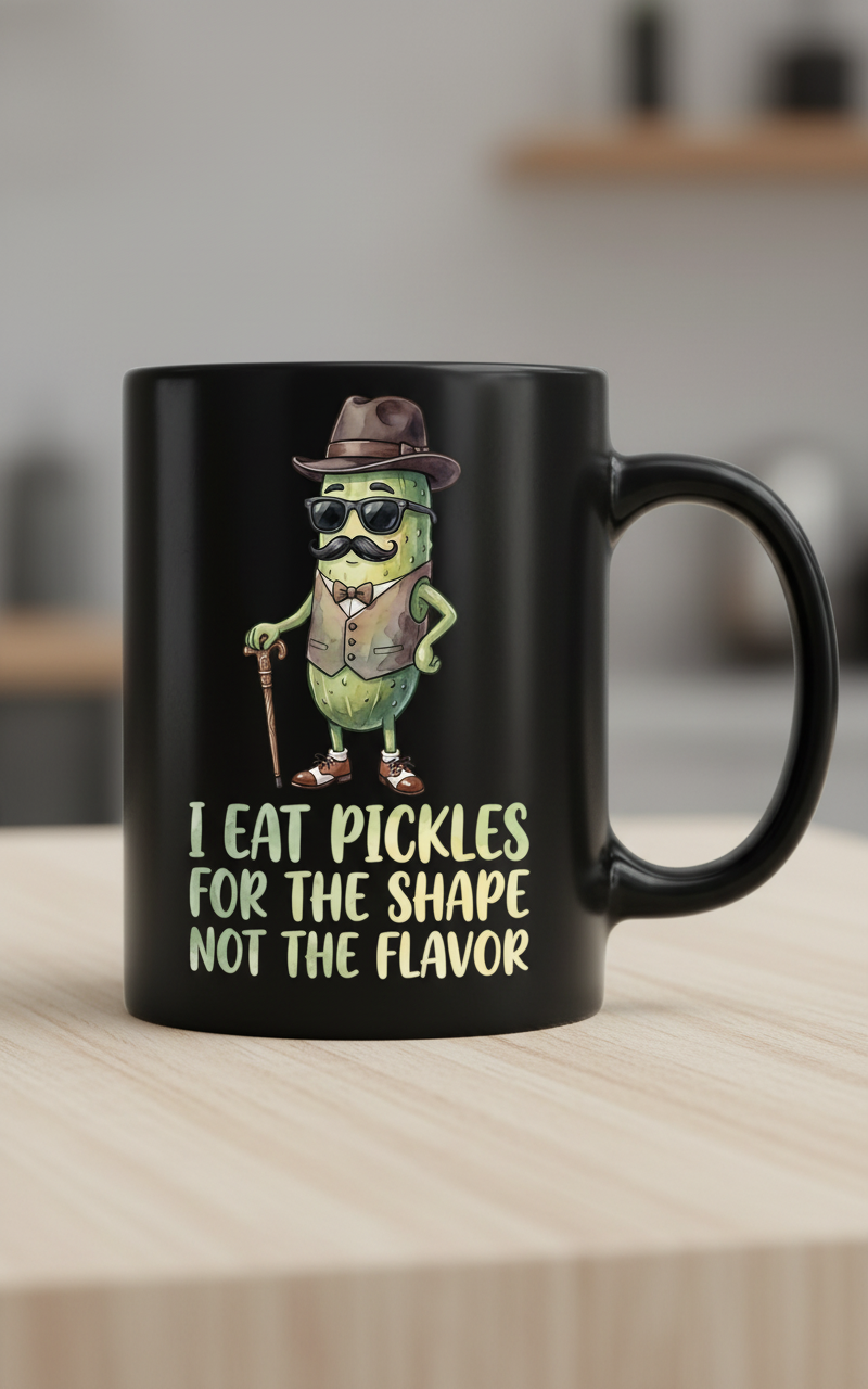 Funny Dapper Pickle 'I Eat Pickles For The Shape' Quote Black Mug - Black