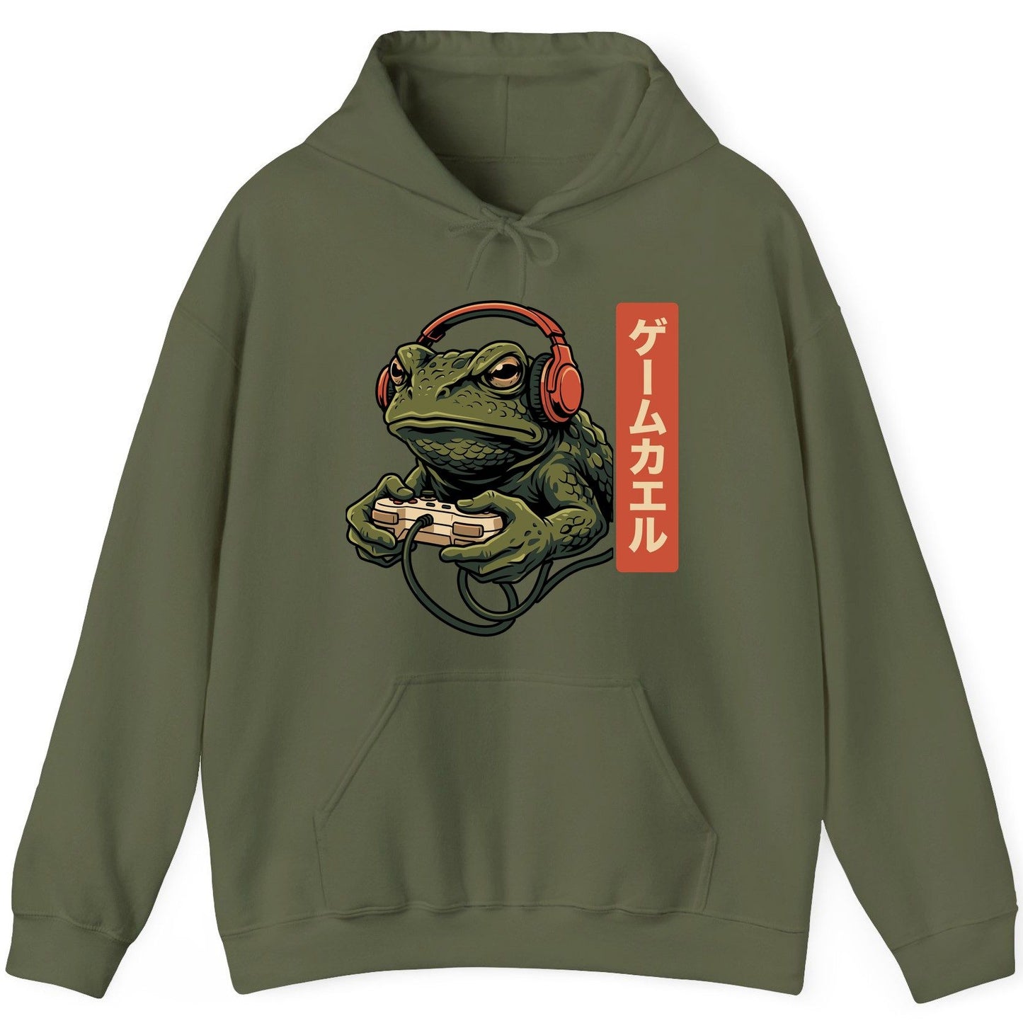 ゲームカエル gaming toad Hoodie Military Green product mockup