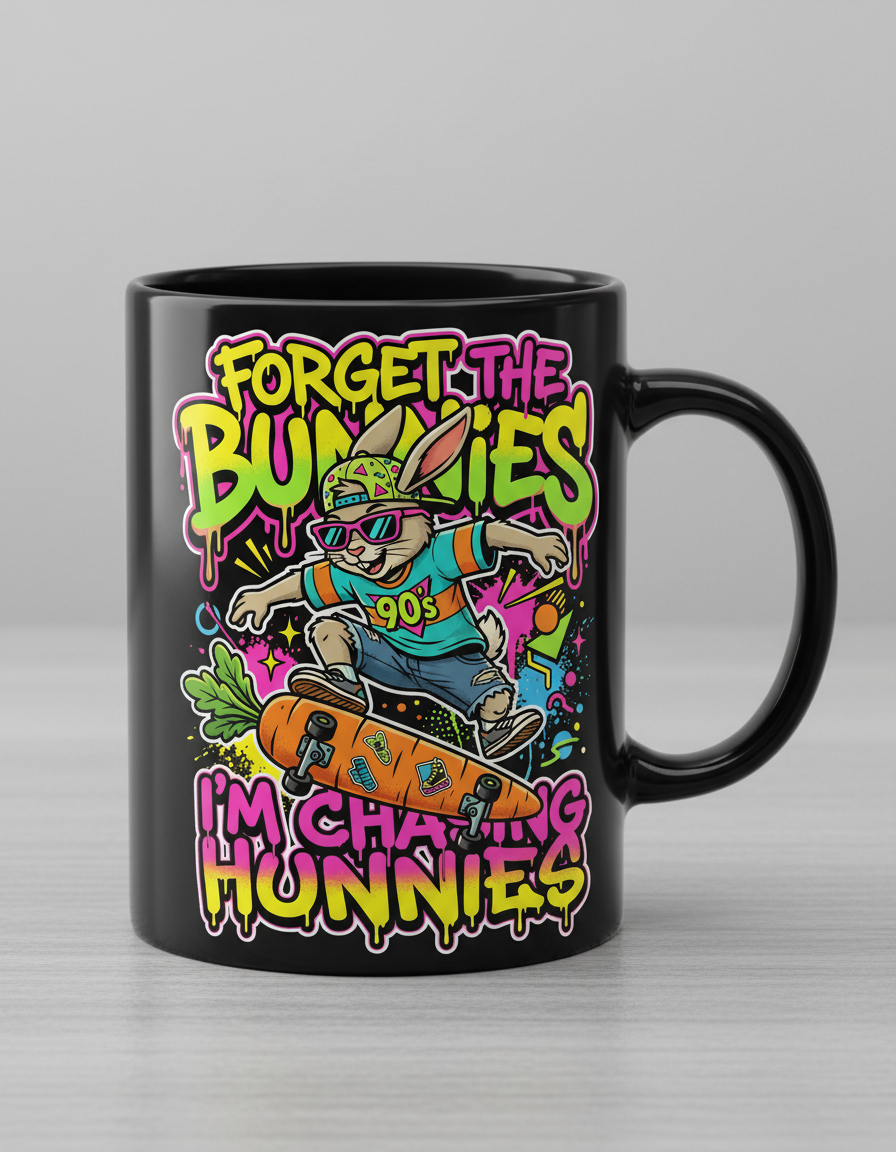 Funny 90s Skater Rabbit Chasing Hunnies Black Mug - Black