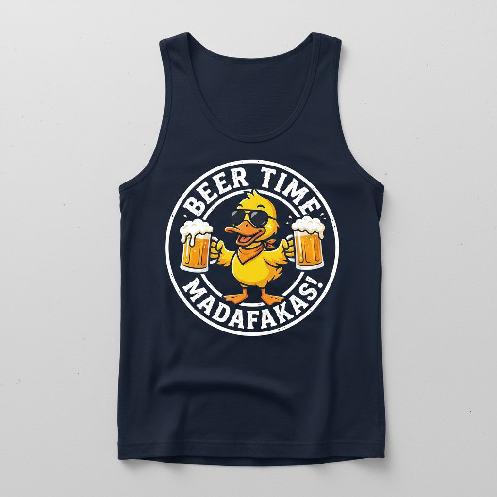 BEER TIME MADAFFAKAS! Funny Duck drinking beer Beer Time Madafakas Duck Tank Top - product mockup - Navy
