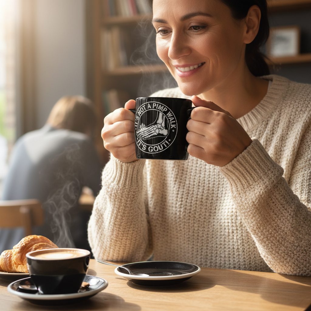 IT'S NOT a PIMP WALK IT'S GOUT Funny People Black Mug - lifestyle model mockup - Black