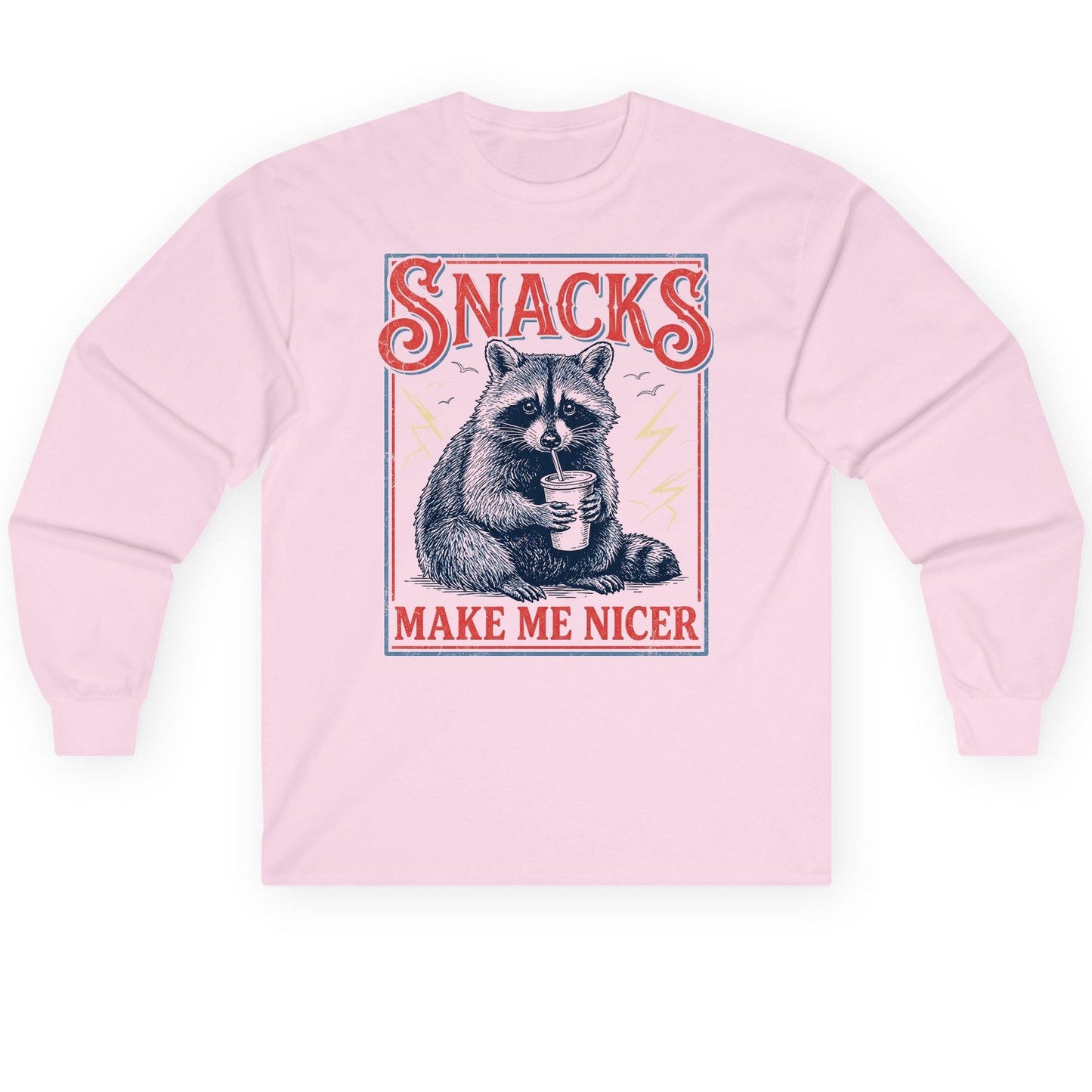 SNACKS MAKE ME NICER Funny Raccoon Long Sleeve Tee - product mockup - Light Pink